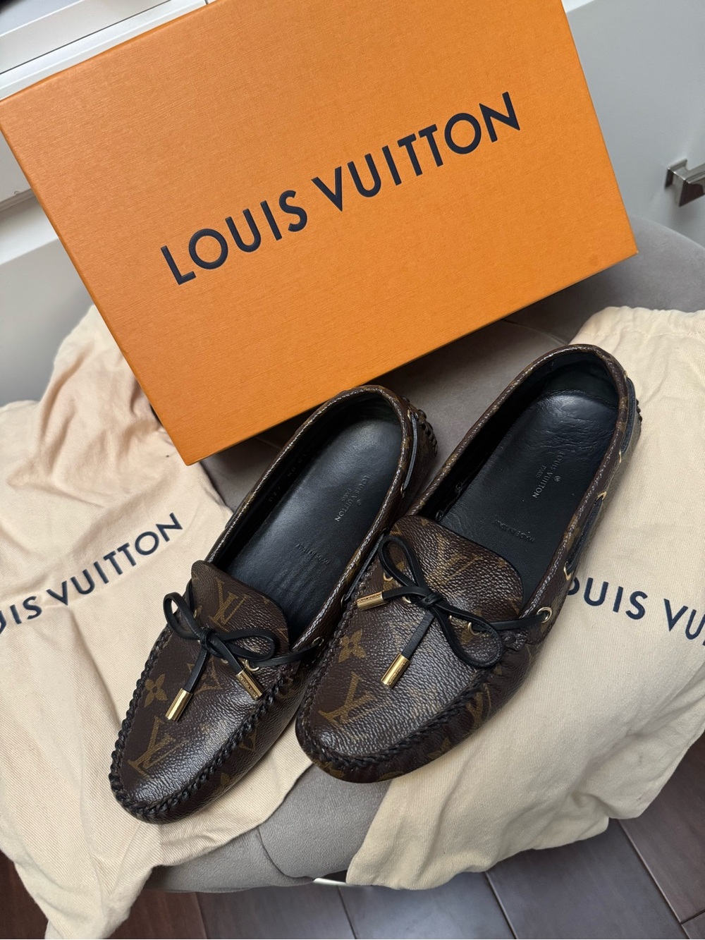 Louis Vuitton Brown Monogram Canvas Driving Moccasins with Black Laces